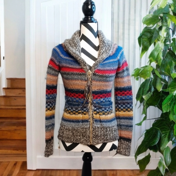 Wilfred Free Whimsical Wool Alpaca Blend Full Zip Striped Knit Sweater Cardigan - Picture 1 of 12